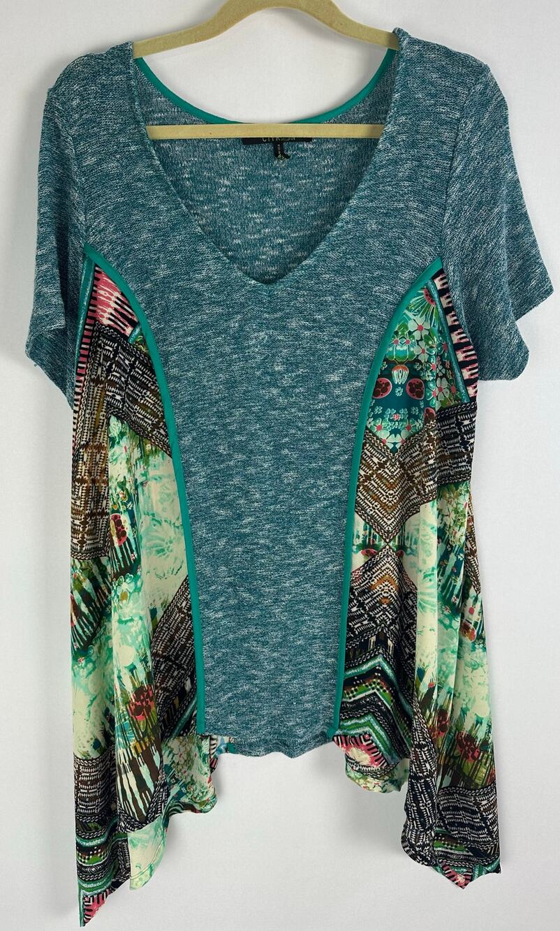 Citron XL Knit Tunic Top Wearable Art Asymmetrical Blue Patchwork Boho Lagenlook